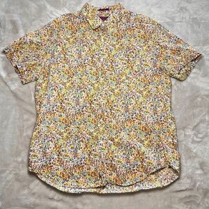 J. Crew Liberty Fabric Shirt Womens L Short Sleeve Yellow Floral AOP Spring